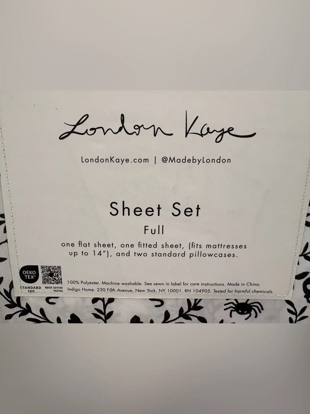 NEW London Kaye Full Black & White Skull Vine Sheet Set